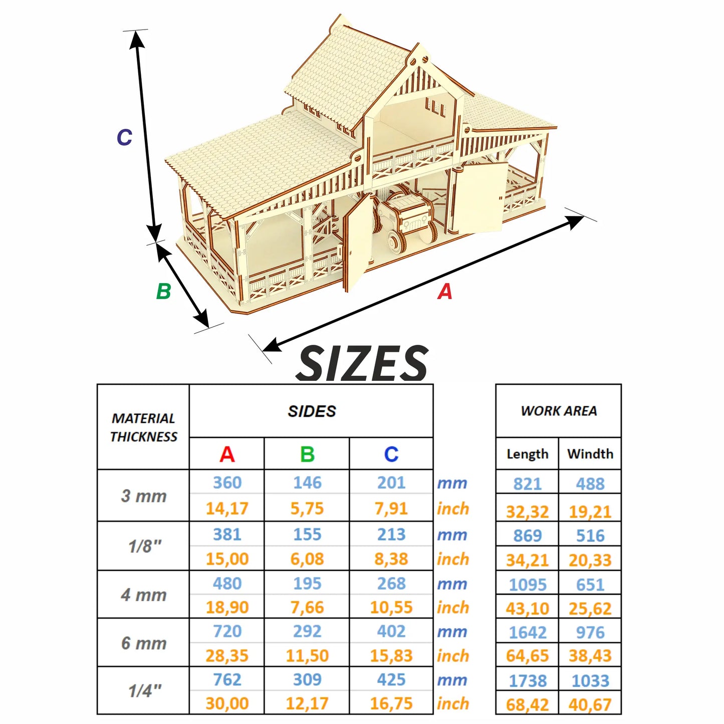 Dimension guide table showing A, B, C scale size data for a toy farm barn model using varied laser cut plywood panels.