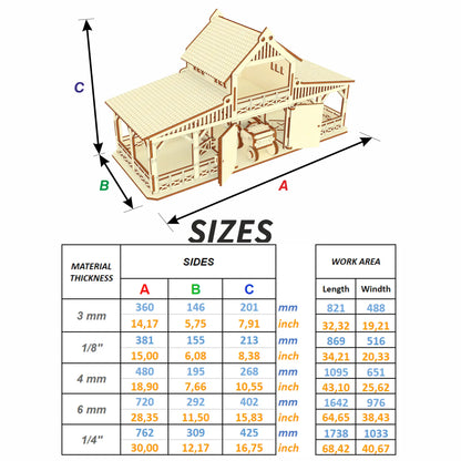 Dimension guide table showing A, B, C scale size data for a toy farm barn model using varied laser cut plywood panels.
