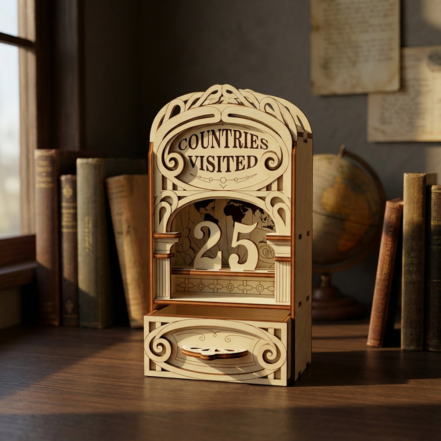 Wooden laser cut counter with 'Countries Visited' display and number 25, set against a bookshelf and globe background.