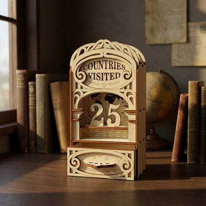 Wooden laser cut counter with 'Countries Visited' display and number 25, set against a bookshelf and globe background.