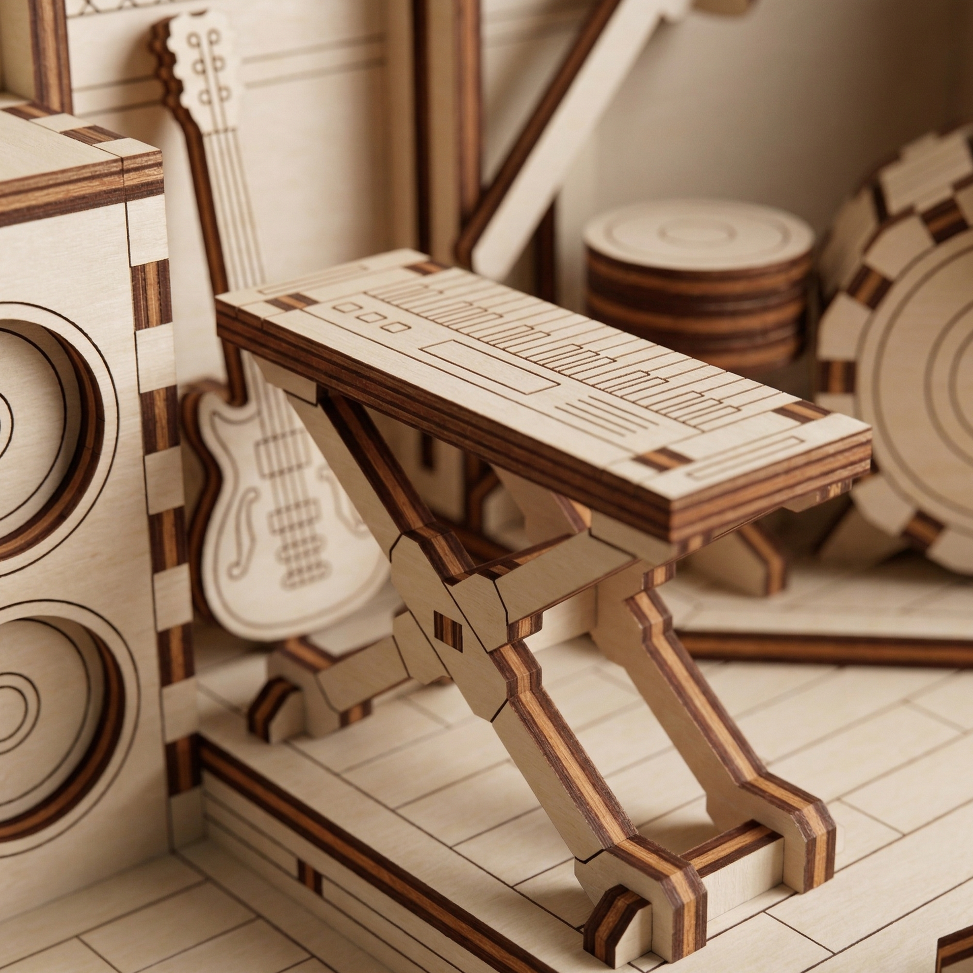 Wooden laser cut musical instrument model with intricate details on a tiled floor.