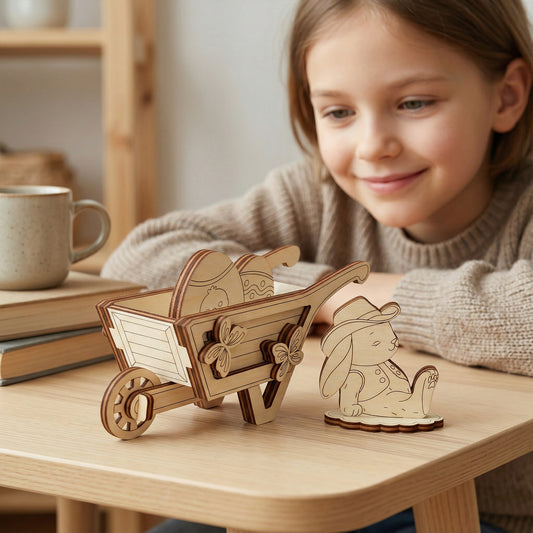 Child playing with a laser cut wooden toy wheelbarrow and rabbit figure on a table.