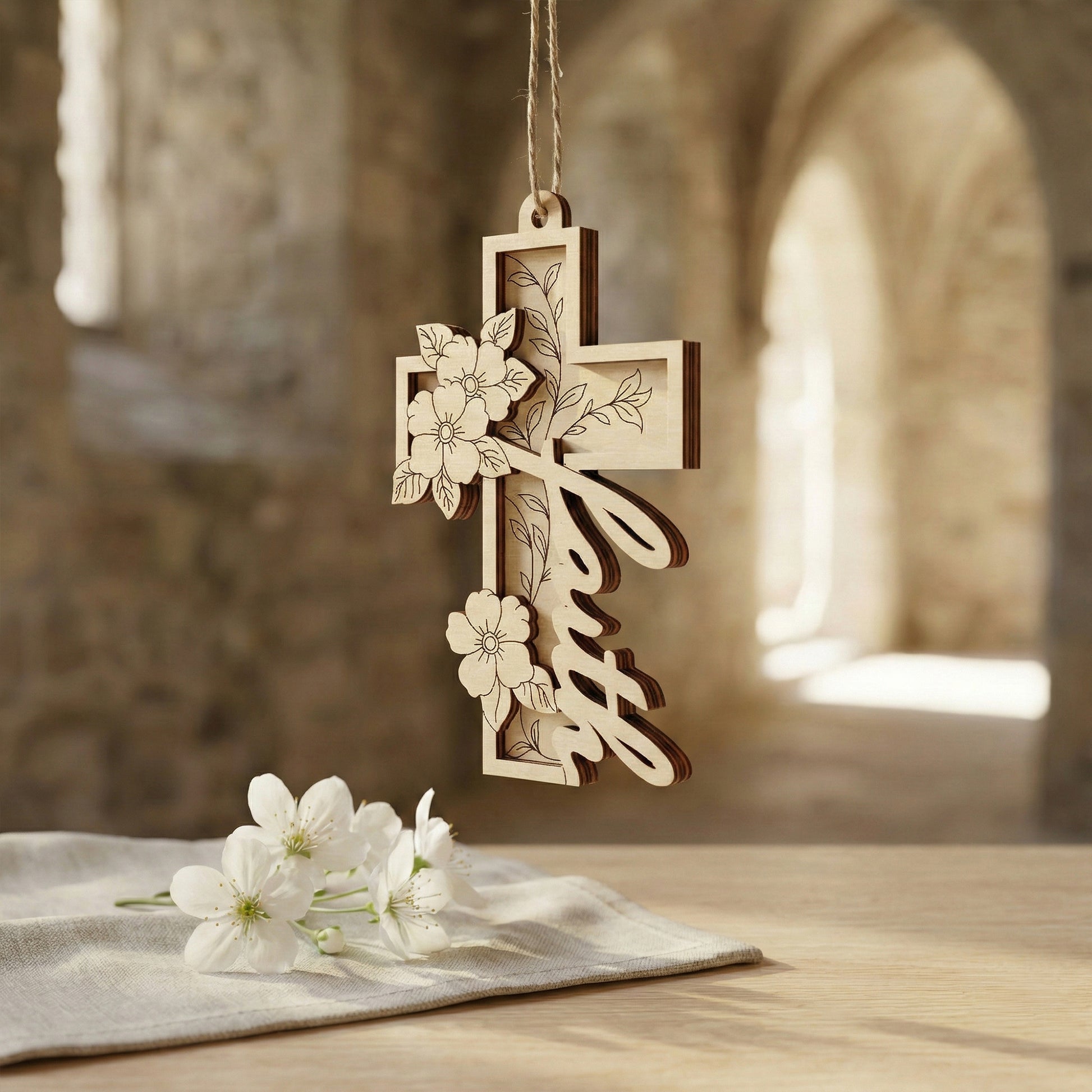 Decorative wooden laser cut cross with floral designs hanging on a stone wall.