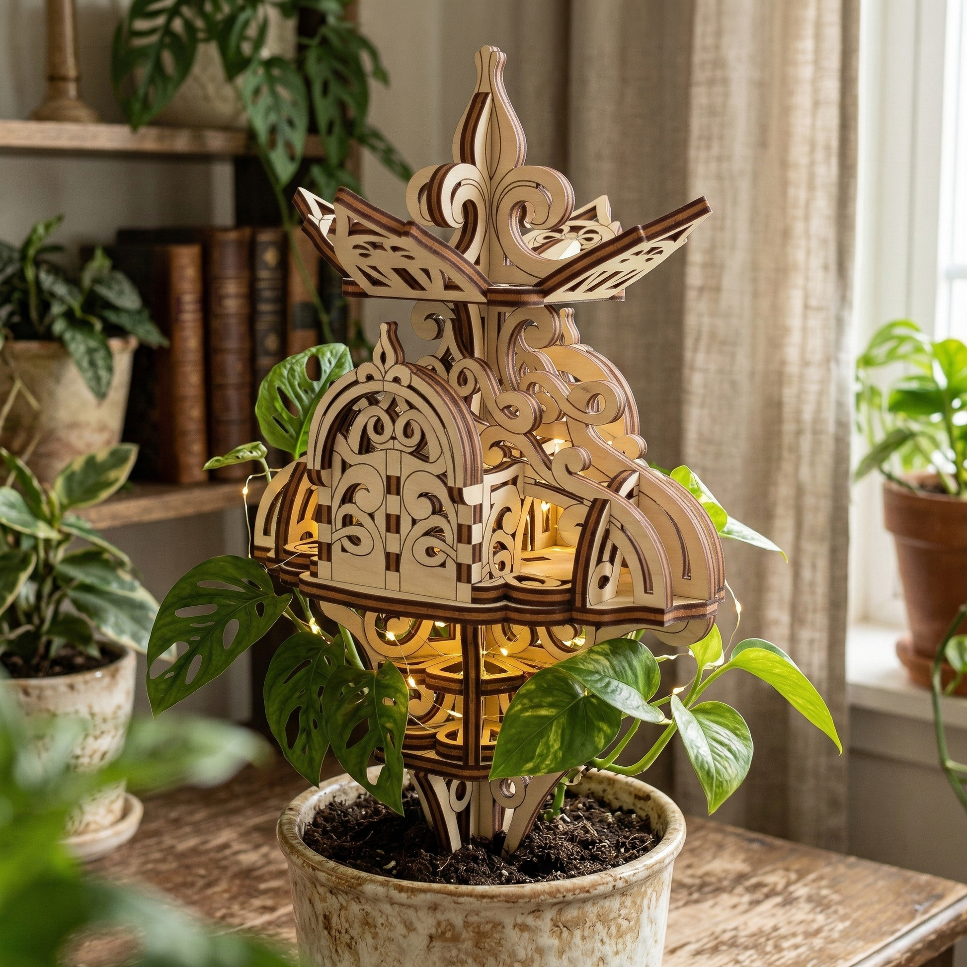 Decorative wooden laser cut fairy house with plants inside on a table