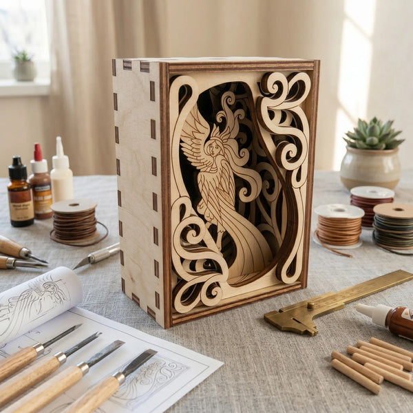 Harpy laser-cut mini diorama with intricate design on a table with carving tools and materials.