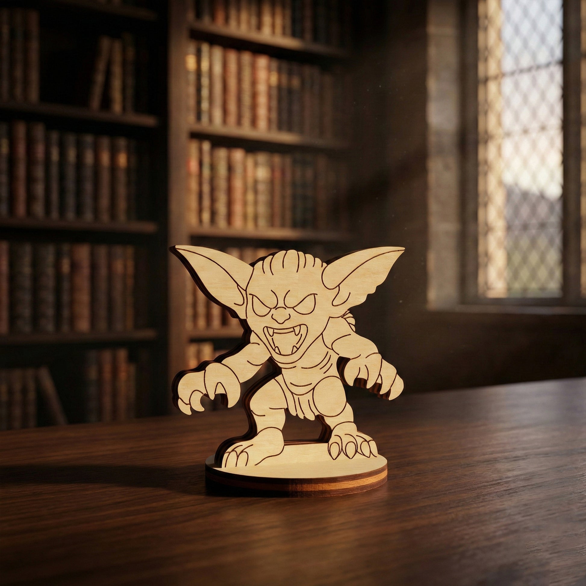 Wooden laser cut creature figurine on a table with bookshelves in the background