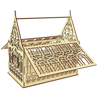 A wooden birdcage with intricate, decorative patterns and designs.
