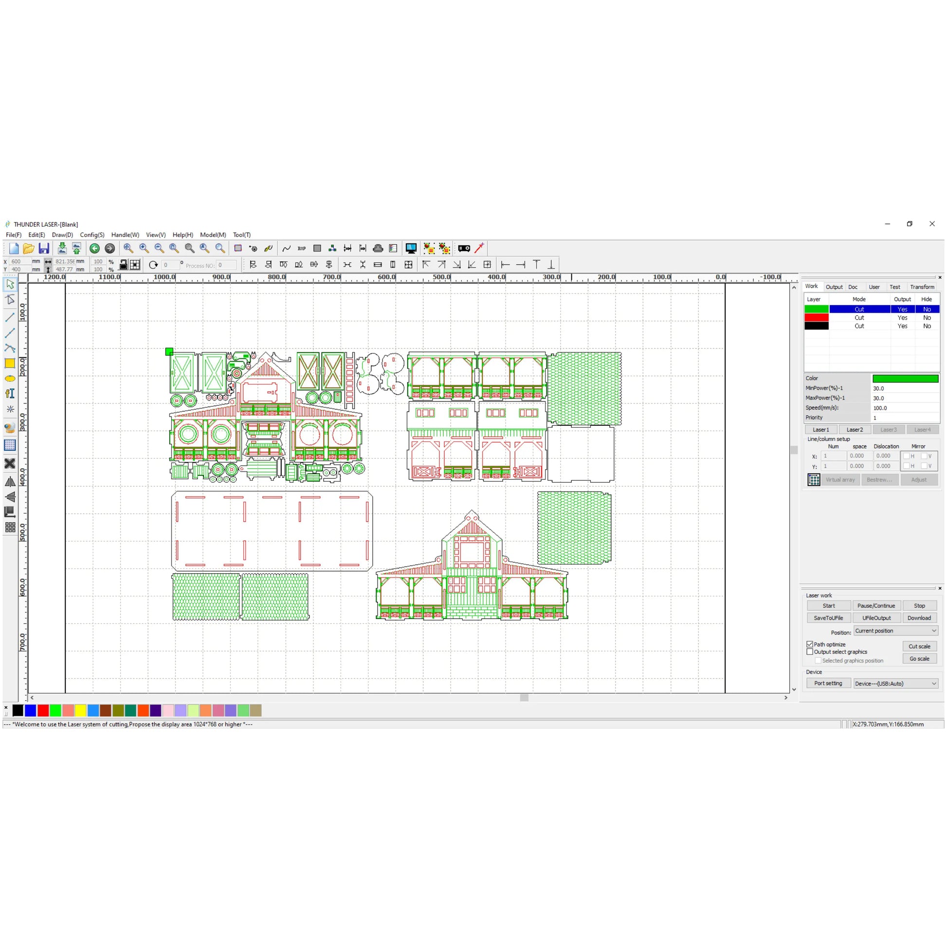 Laser cut plywood layout design template for an architectural barn model inside a computer control interface.