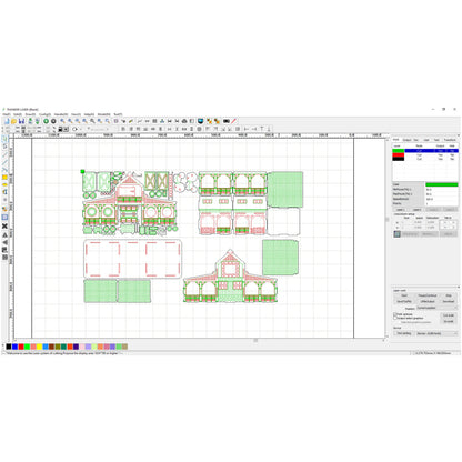 Laser cut plywood layout design template for an architectural barn model inside a computer control interface.