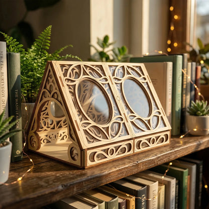 Decorative laser cut file of greenhouse with intricate cut-out patterns on a bookshelf.