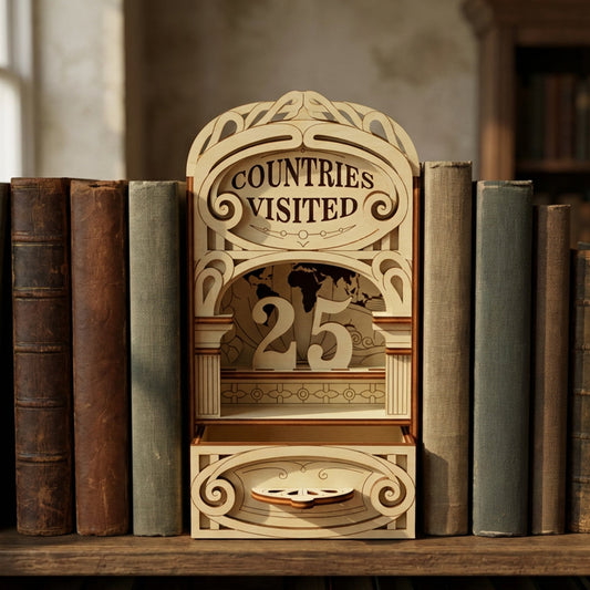 Decorative wooden laser cut Book Nook with 'Countries Visited' and number 25 on a shelf with books.