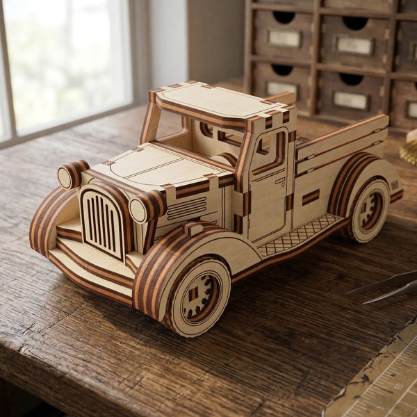 Wooden laser cut model of a vintage truck on a wooden surface with a blurred background
