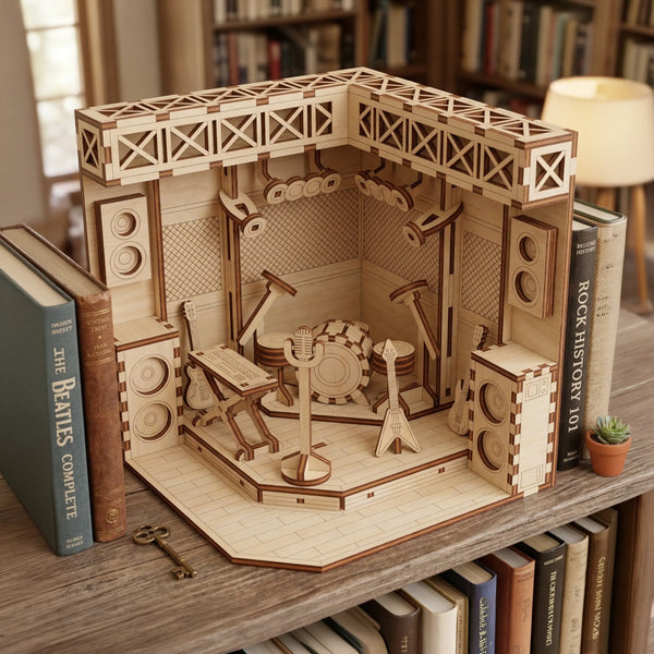 Wooden laser cut file Book Nook model of a music rock stage set on a bookshelf with books around