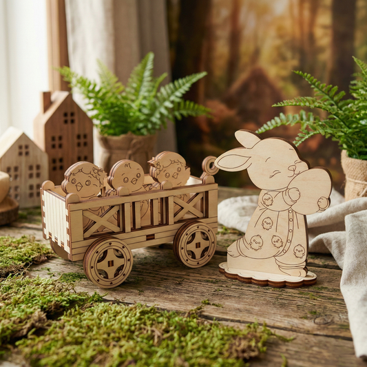 Wooden laser cut rabbit pulling a cart with cookies on a wooden surface with plants and small houses in the background.