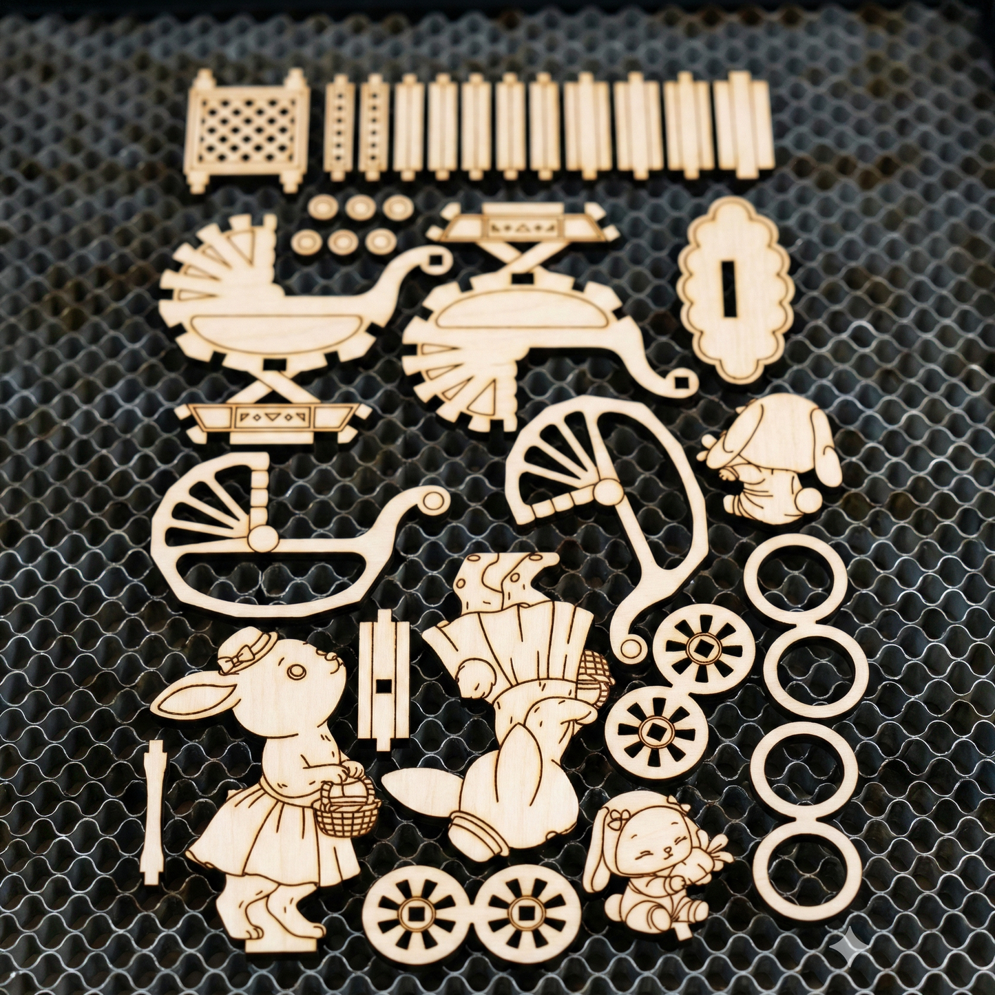 Collection of laser cut wooden cut-out shapes on a textured black surface