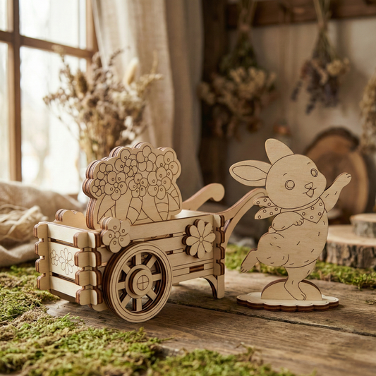 Wooden laser cut rabbit with a cart on a wooden surface with a natural background