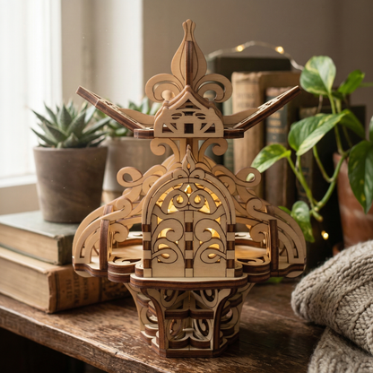 Decorative laser cut fairy house with intricate designs on a wooden surface with books and plants in the background.
