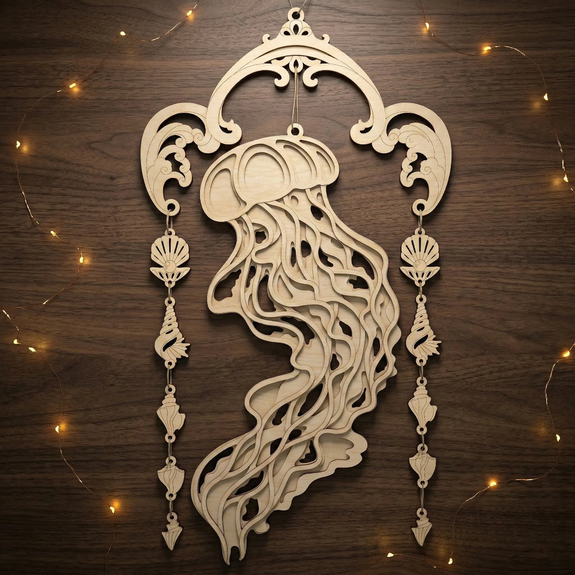 Decorative wooden laser cut jellyfish wall hanging on a wooden background with string lights.