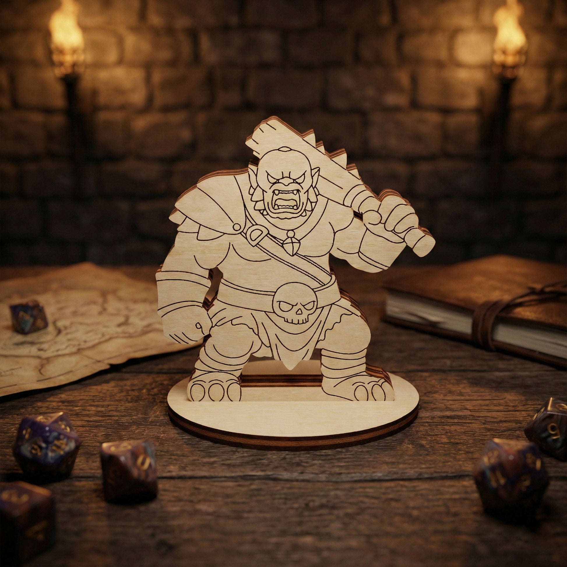 Wooden laser cut figurine of a warrior on a table with dice and a map in a fantasy setting