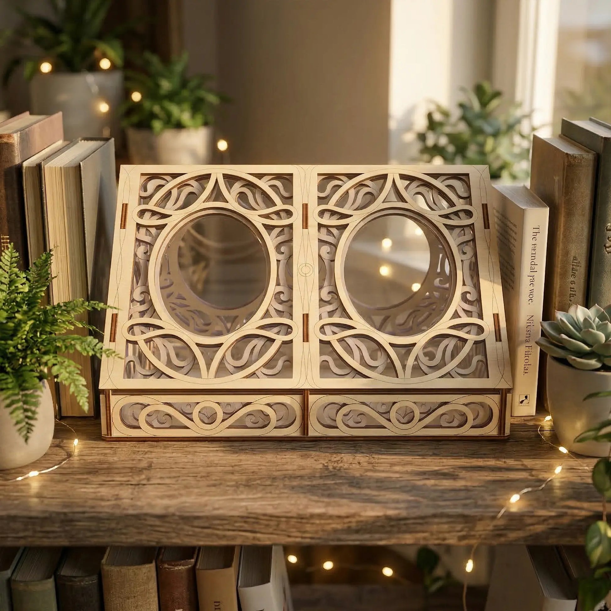 Decorative wooden greenhouse laser cut bookend with intricate carvings on a wooden surface with books and plants.