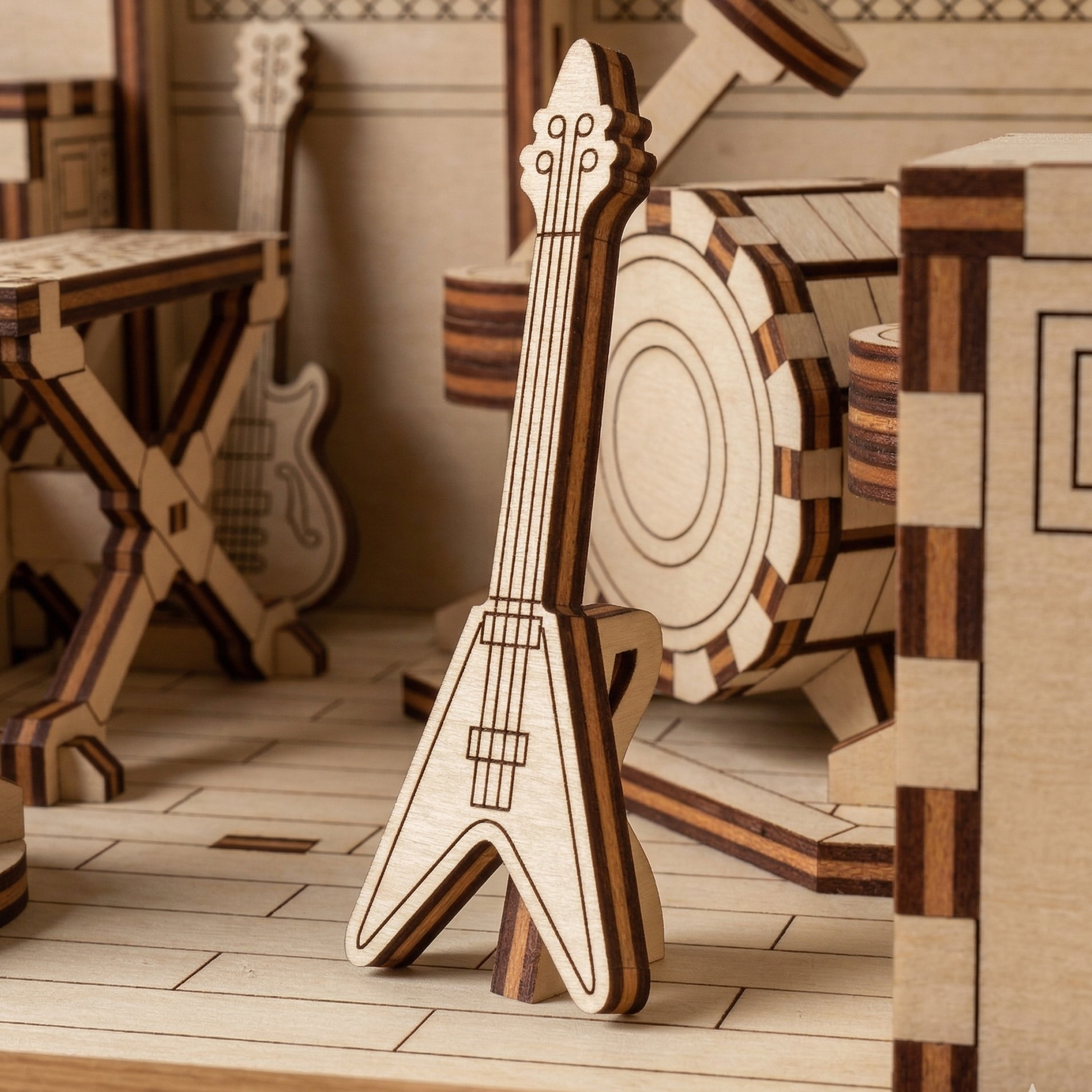 Wooden laser cut file model of a guitar in a room with musical instruments