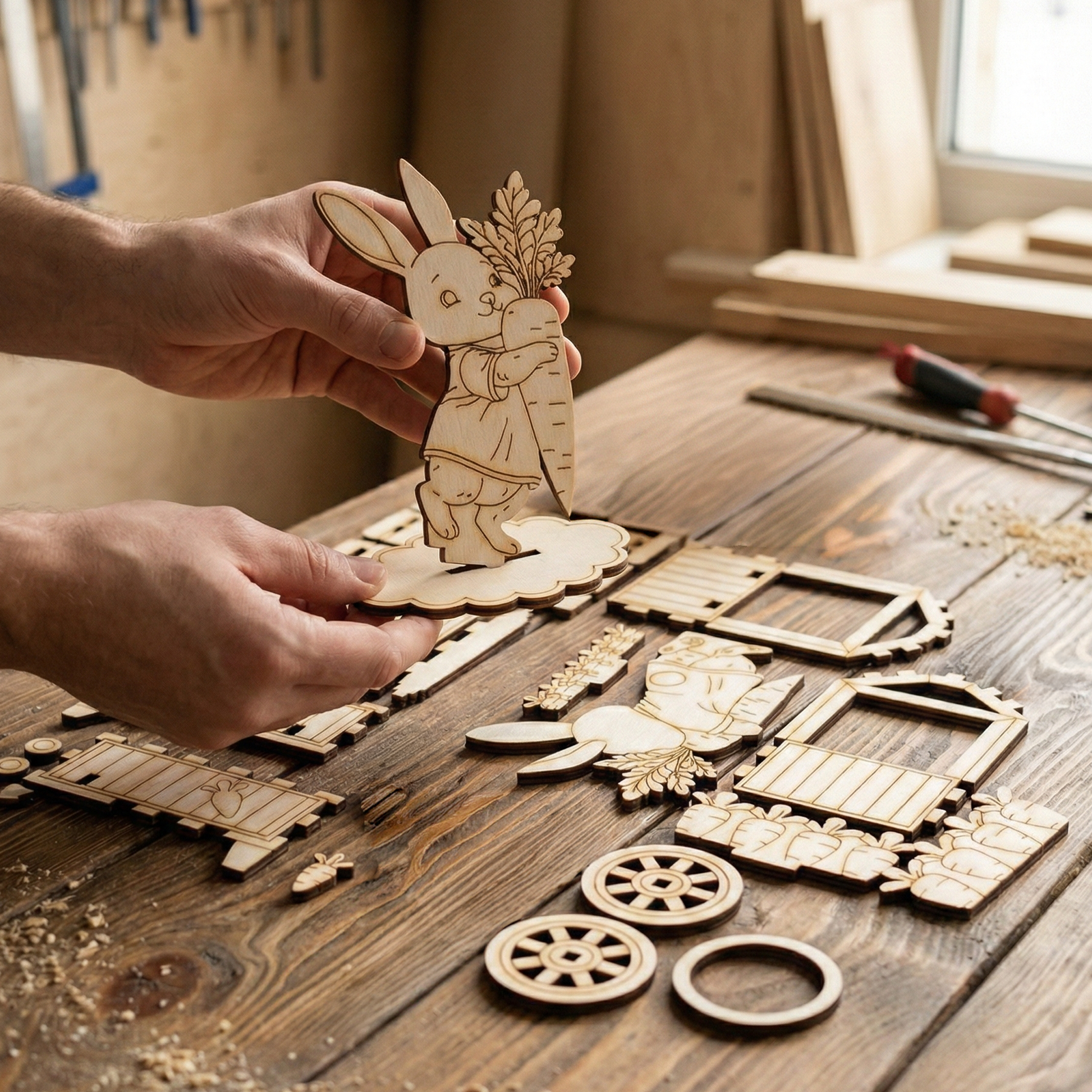Wooden laser cut craft project with rabbit figure on a wooden table