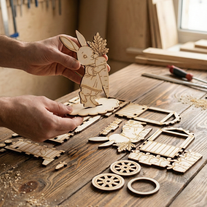 Wooden laser cut craft project with rabbit figure on a wooden table