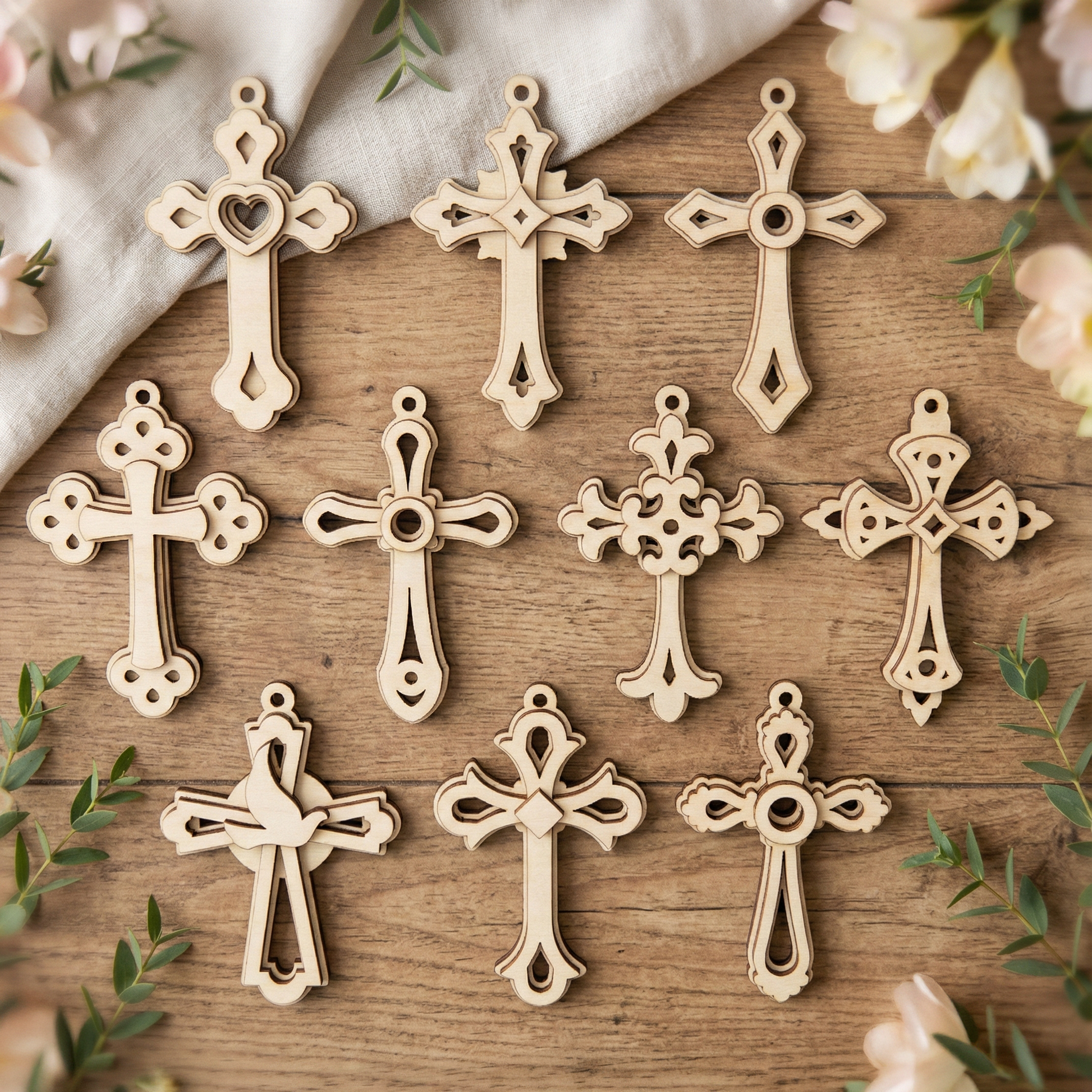 Decorative laser cut wooden crosses on a wooden surface with flowers around