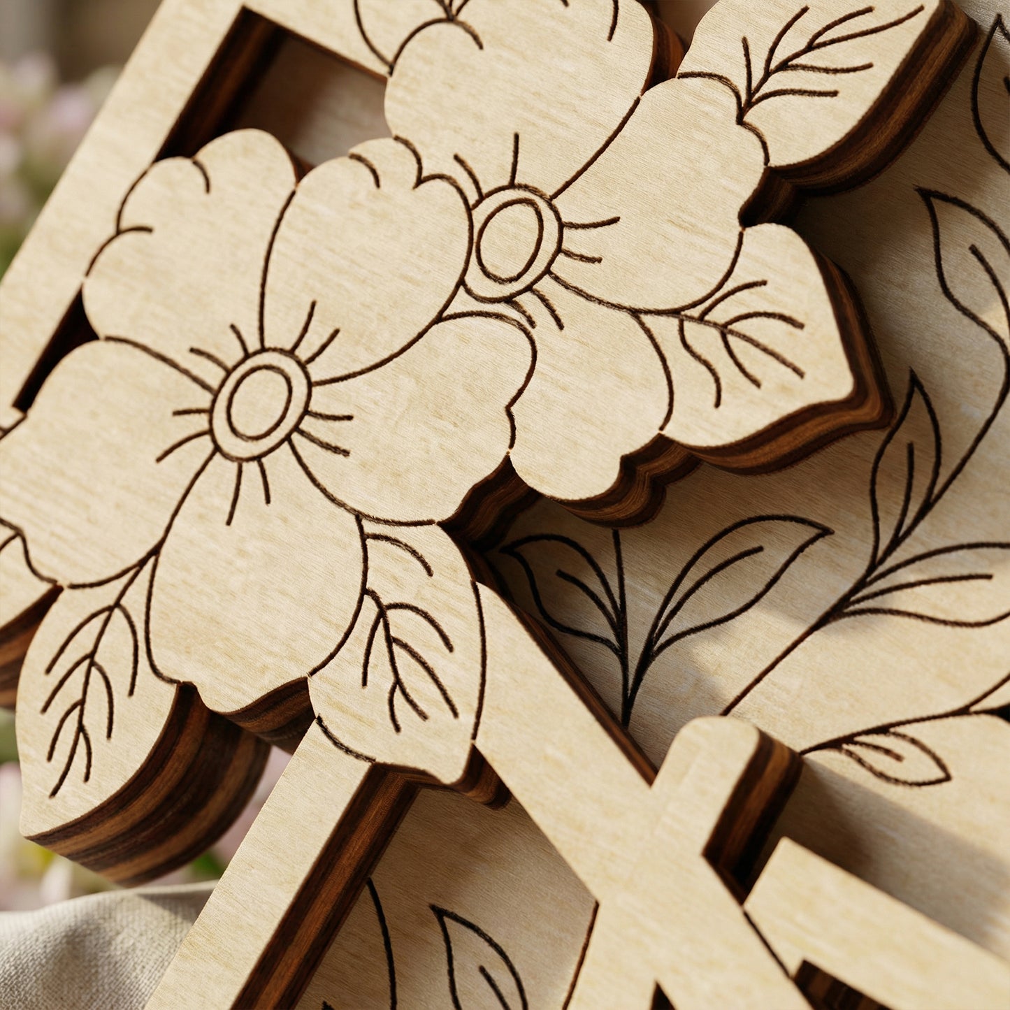 Wooden floral laser cut pieces with intricate cut-out designs.