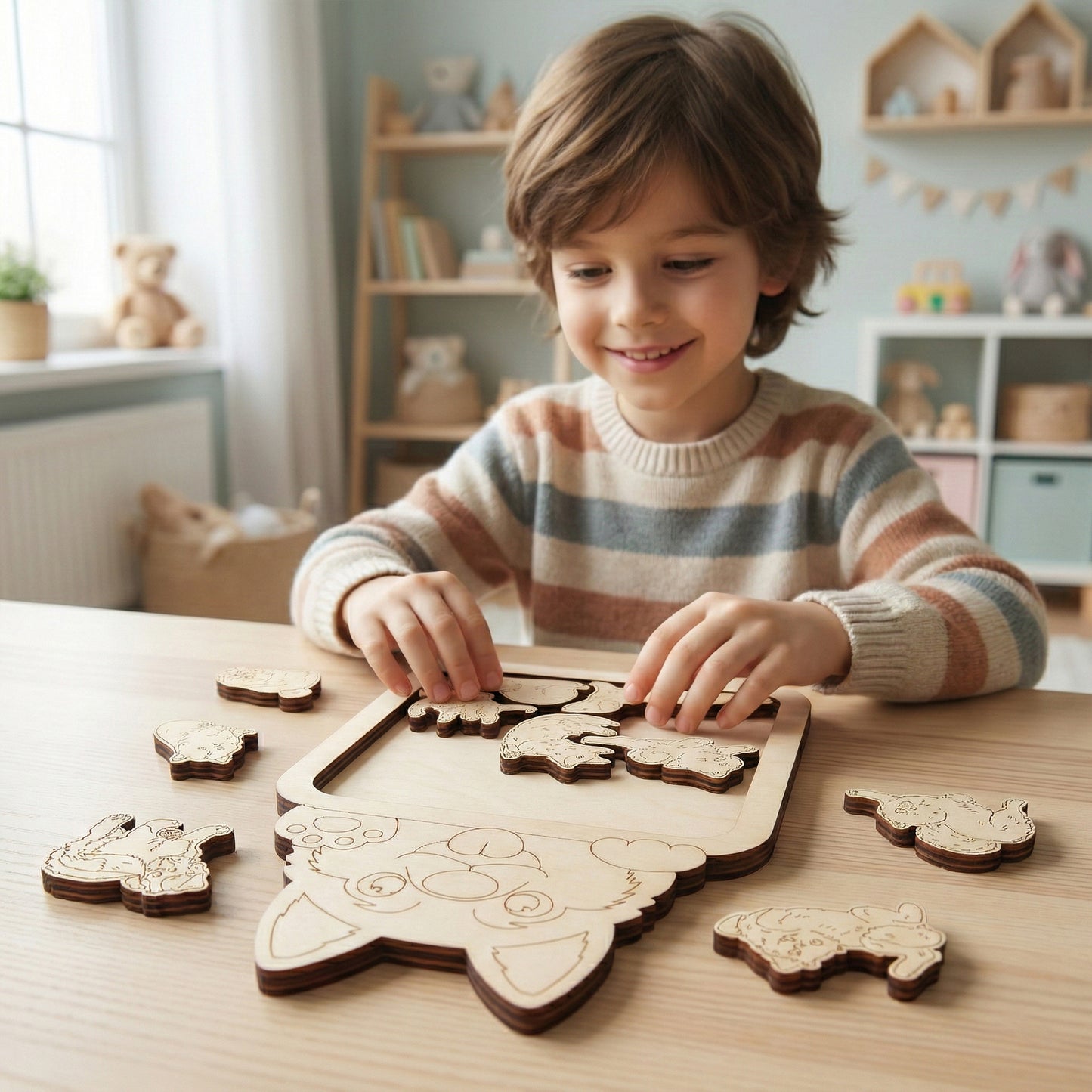 Child playing with a wooden laser cut dog puzzle in a cozy room
