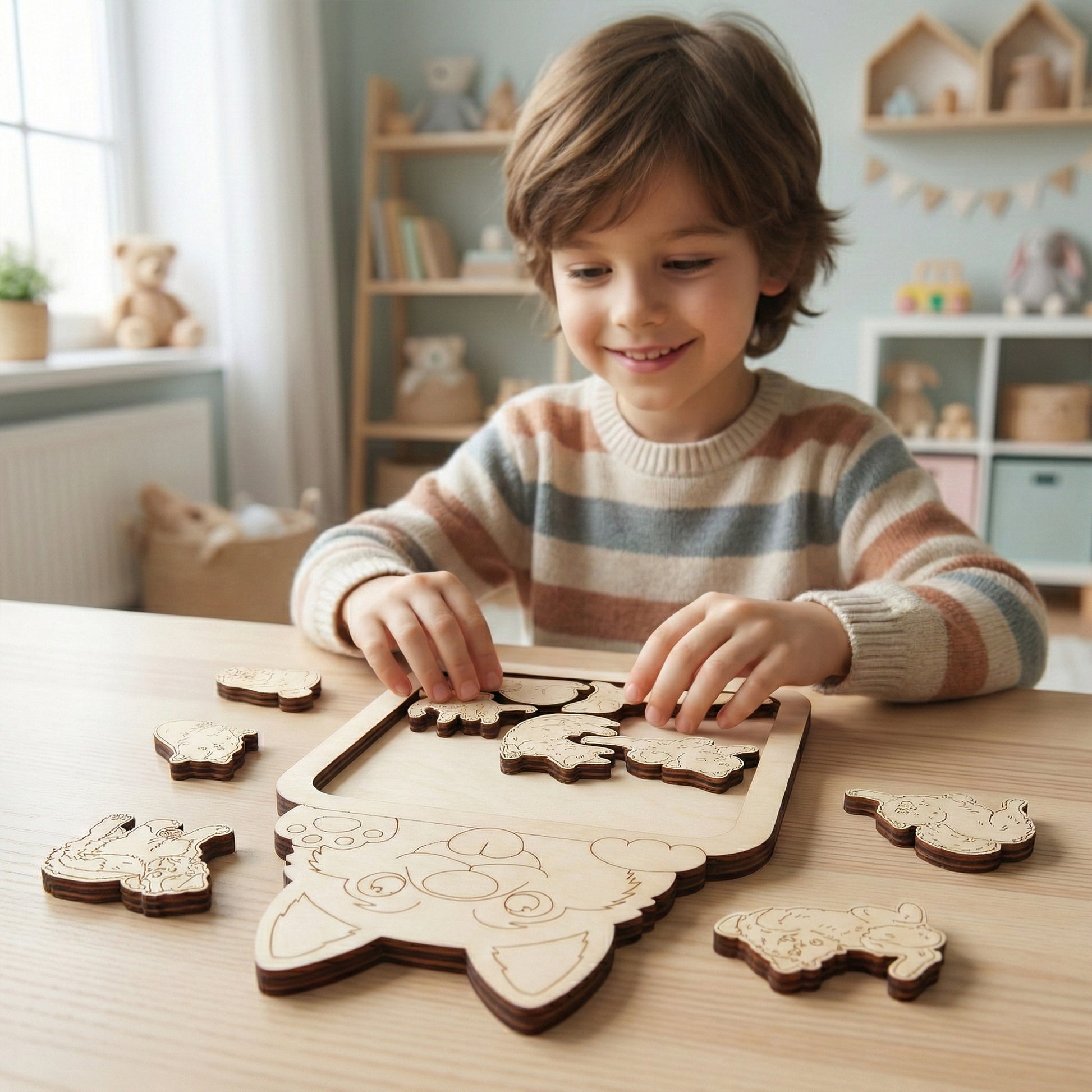 Child playing with a wooden laser cut dog puzzle in a cozy room