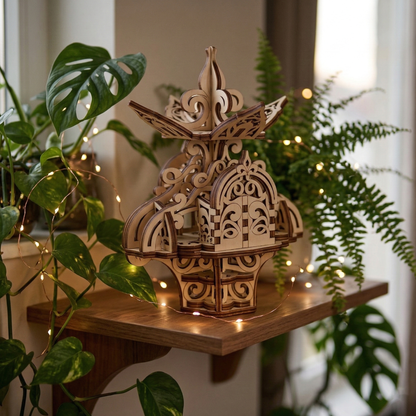 Wooden decorative laser cut fairy house on a shelf with plants and string lights in the background