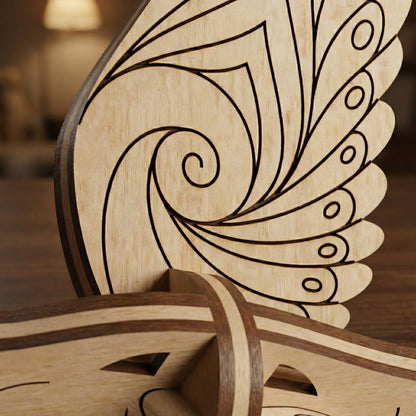 Wooden laser cut  decorative piece with intricate carvings on a wooden surface