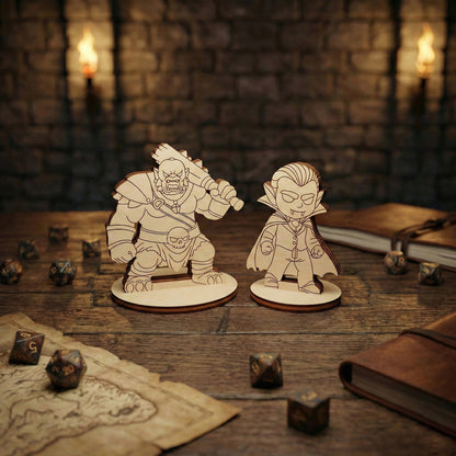 Wooden laser cut fantasy character figurines on a rustic wooden table with candles in the background.