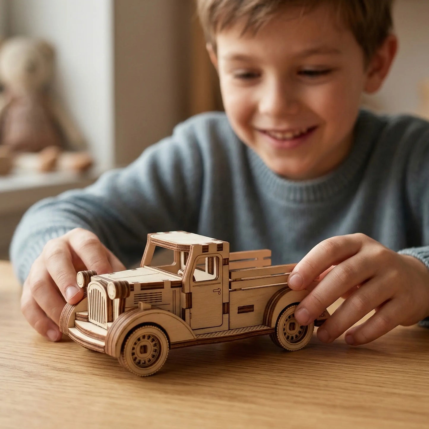 Child playing with a wooden laser cut toy truck on a table