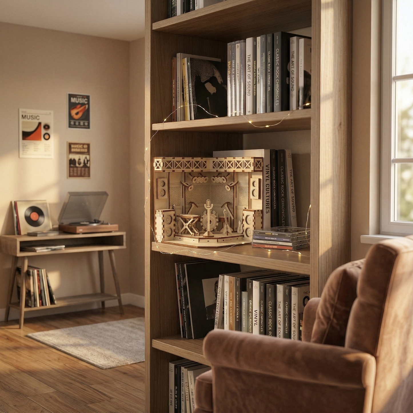 Bookshelf with books and decorative laser cut book nook in a cozy room with a window and small table.