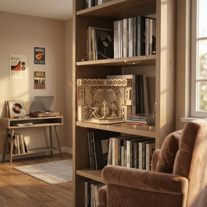 Bookshelf with books and decorative laser cut book nook in a cozy room with a window and small table.