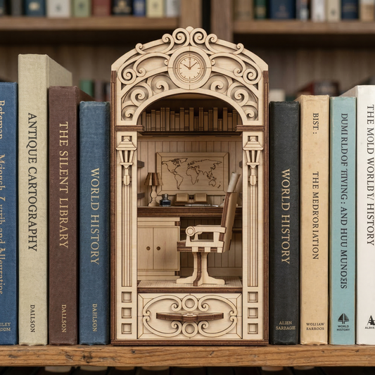 Decorative laser cut bookshelf with a miniature model of a library inside, surrounded by actual books.