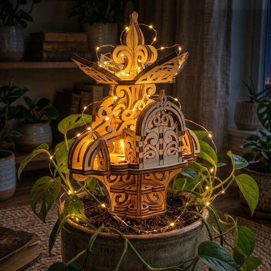 Decorative laser cut fairy house with string lights on a plant in a cozy room setting