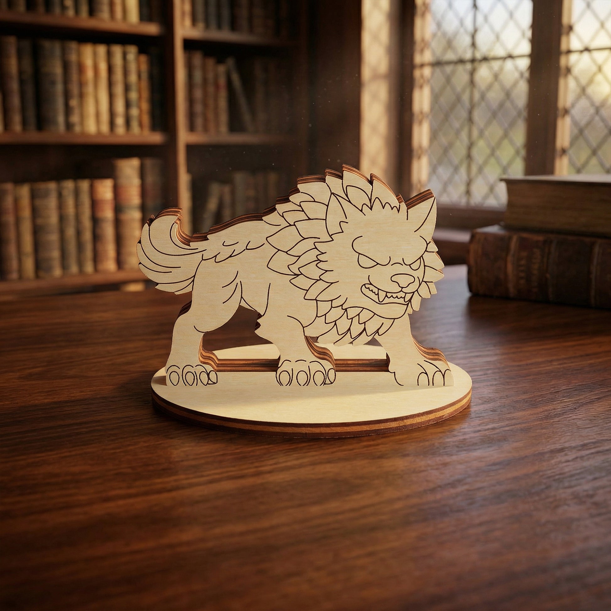 Wooden laser cut wolf sculpture on a wooden surface with bookshelf in the background