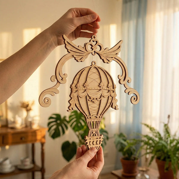 Wooden hot air balloon ornament held by a hand in a home setting with plants and furniture.