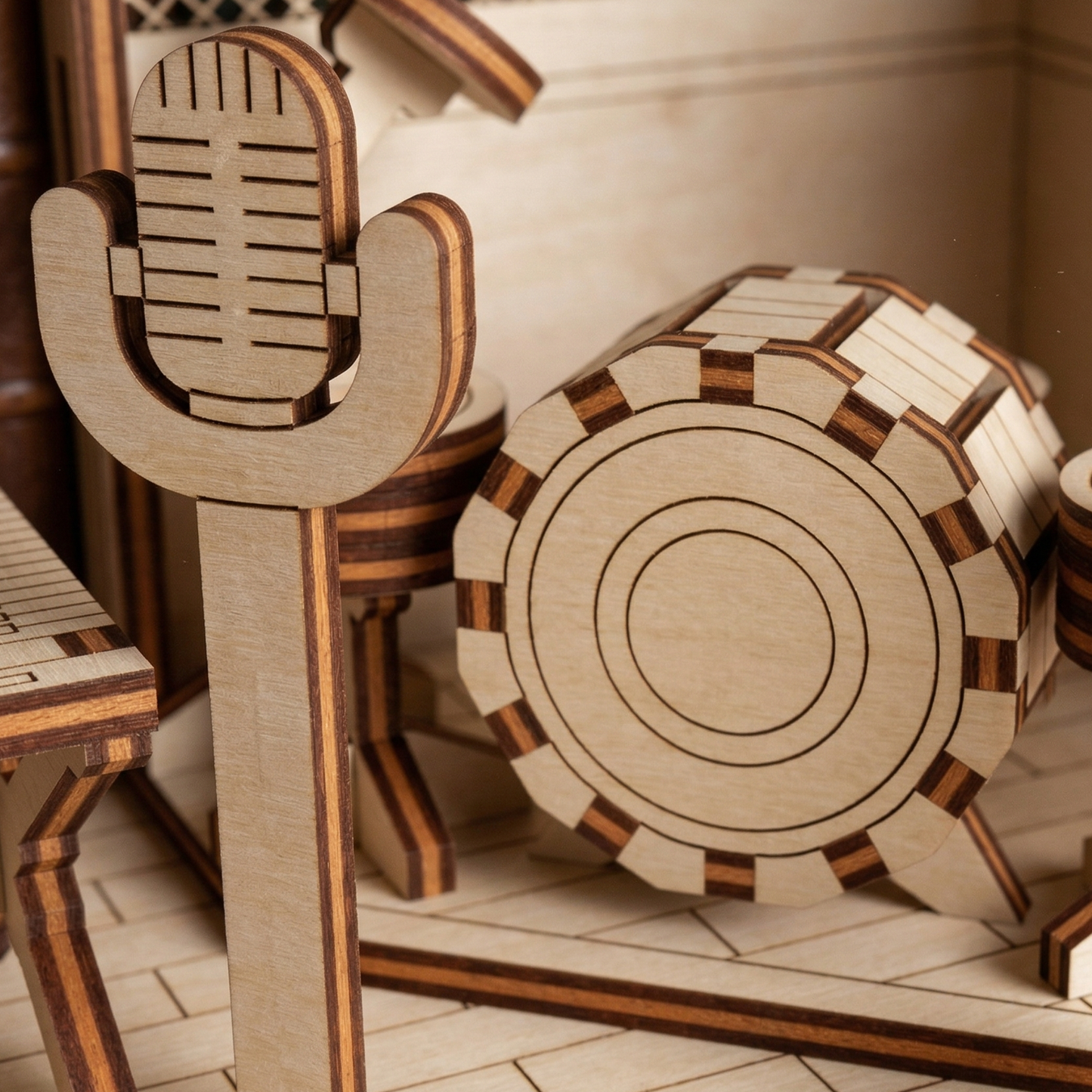 Wooden laser cut book nook model of a microphone and speaker on a tiled floor