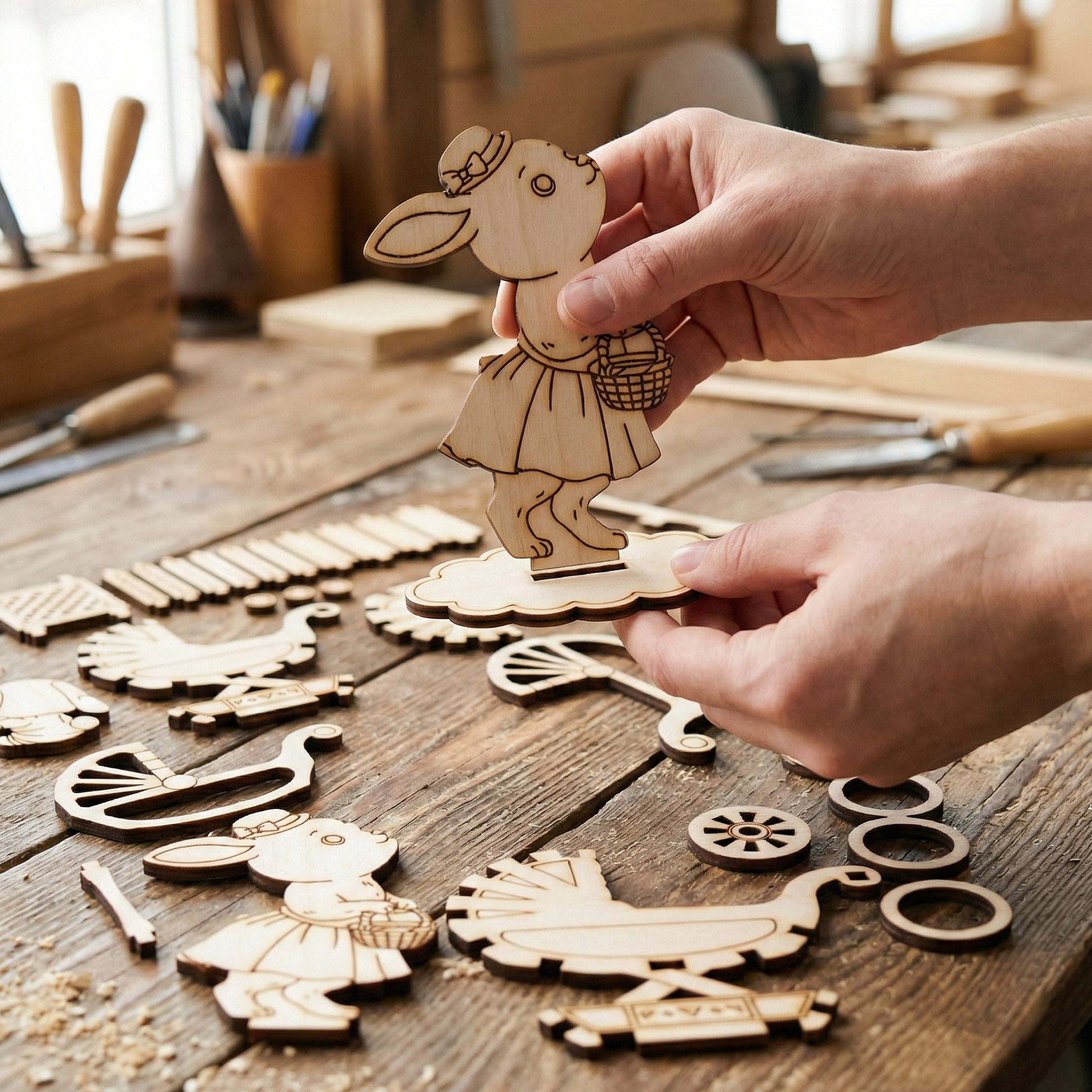 Hand holding a wooden laser cut rabbit figure on a wooden table with other wooden pieces.