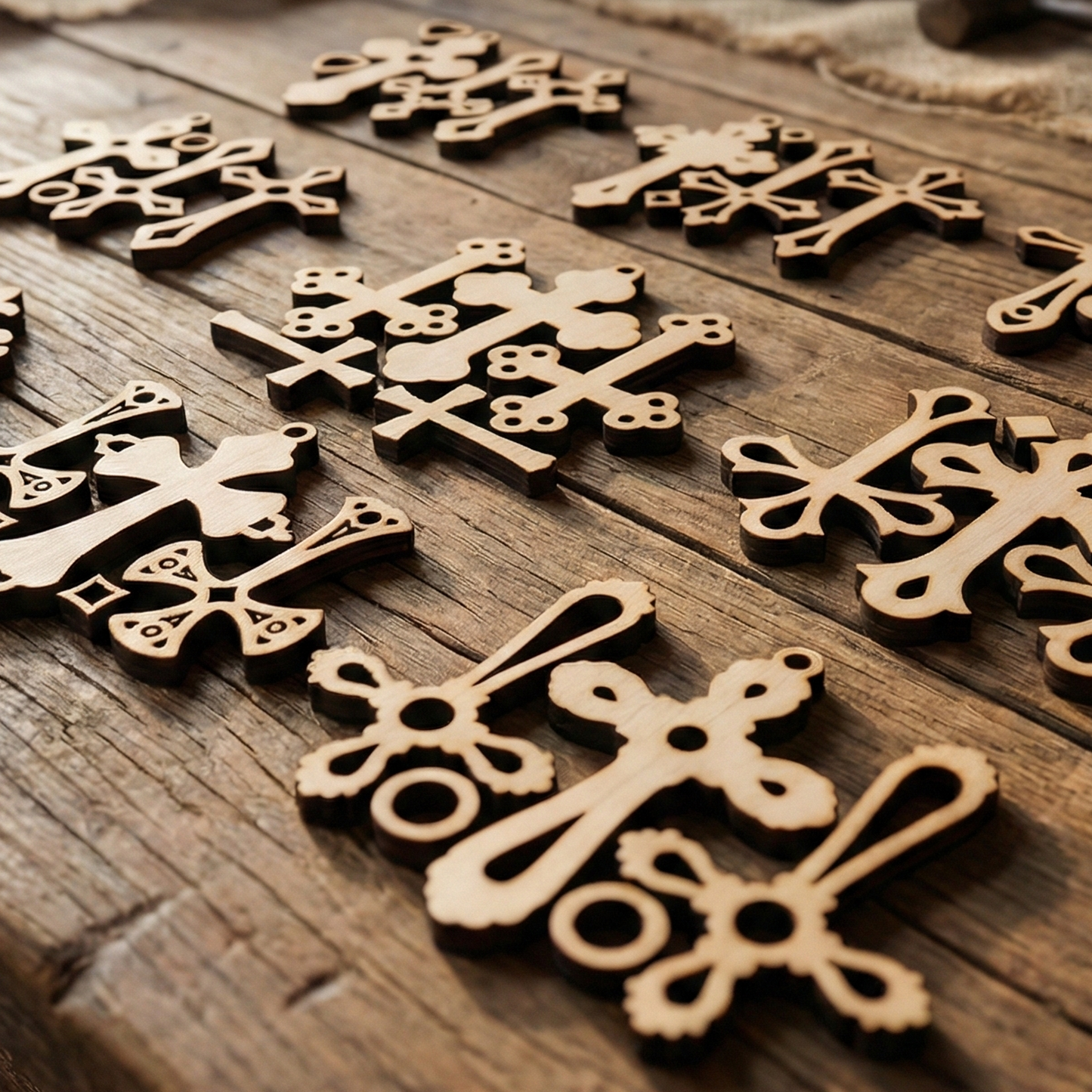 Wooden laser cut cross-shaped ornaments on a wooden surface