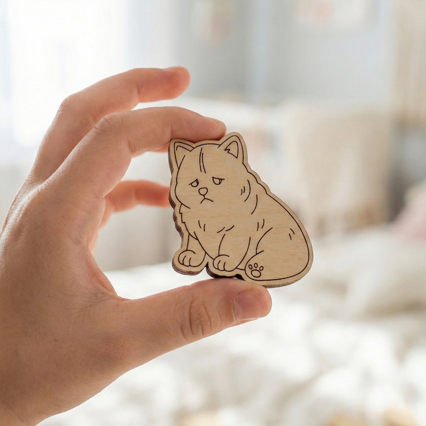 Hand holding a wooden dog-shaped ornament with a blurred background