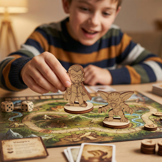 Child playing a board game with wooden laser cut figures and dice