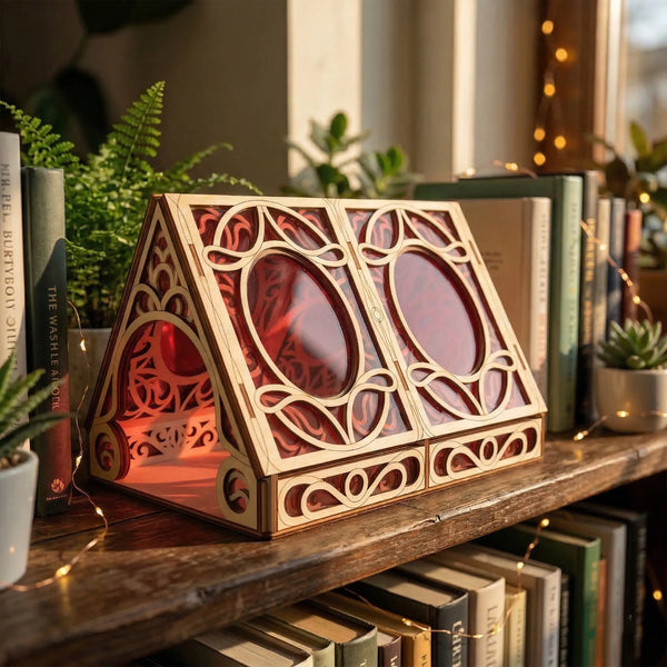 Decorative wooden laser cut greenhouse with acrylic parts and geometric design on a bookshelf.