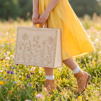 Girk holding a floral-patterned laser cut bag in a field of flowers