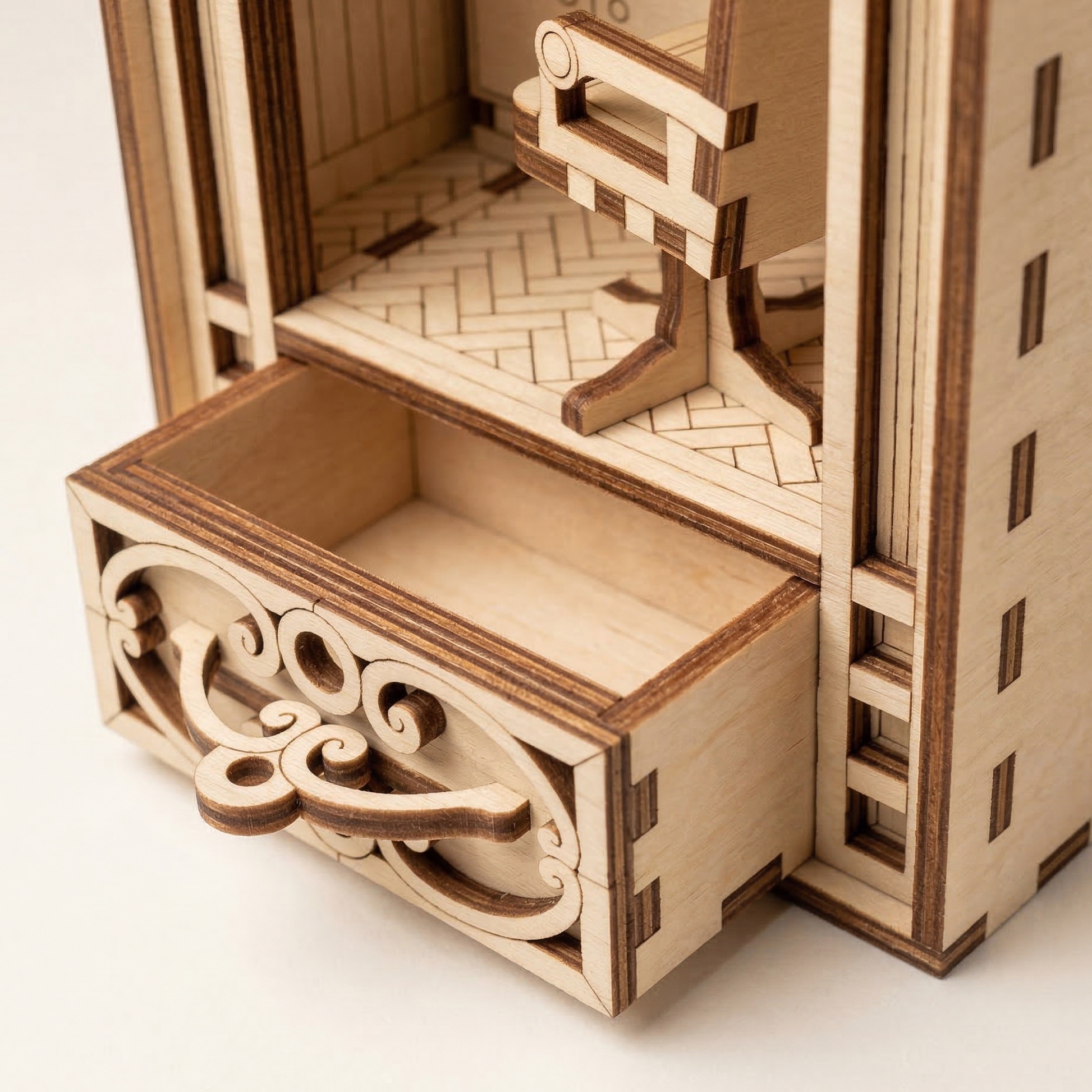 Wooden laser cut model of a building with intricate details on a white background