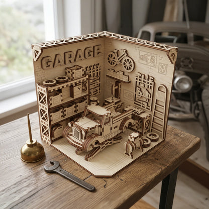 Wooden laser cut model of a garage with a car and various tools on a wooden table.